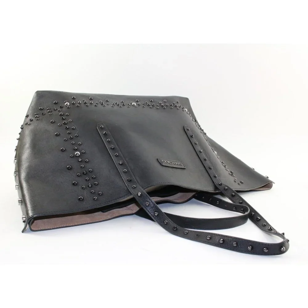 JIMMY CHOO Black Leather Studded Tote Spike Grommet Rivet 4JC1220K